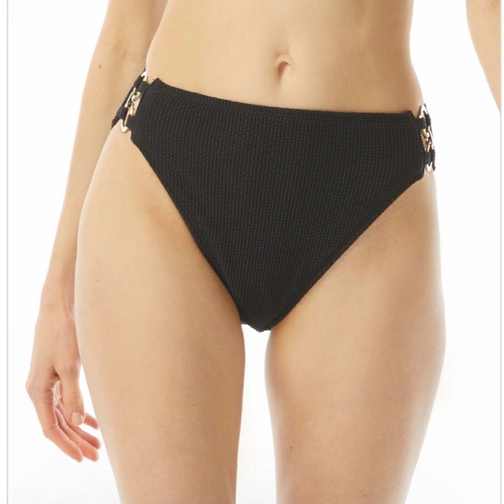 Michael Kors High-Leg Bikini Bottoms in Black with Ring Gold Chain Accents. NWT!